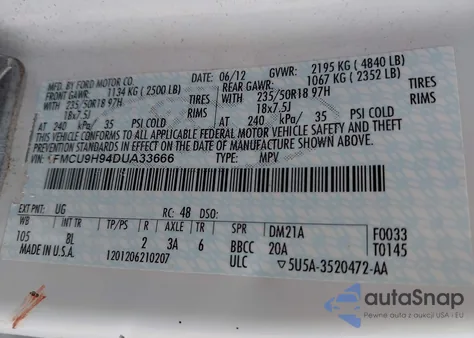 2013 Ford Escape Sel из США, поврежденный, VIN 1FMCU9H94DUA33666